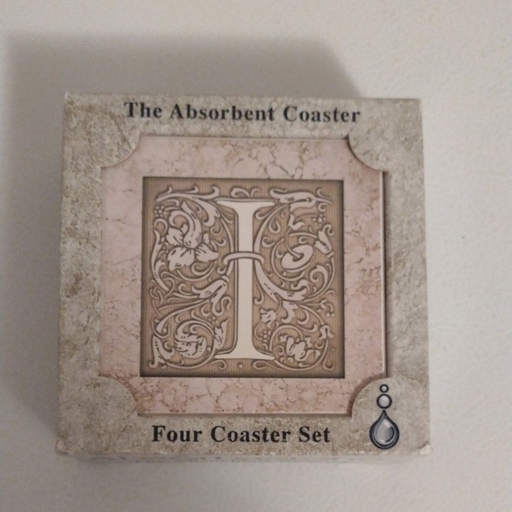 Set of 4 square monogram I absorbent stone coasters letter I  3.5"